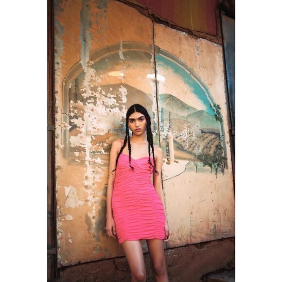 Zara Pink Ruched Mini Dress Size Large Tulle Corset Bustier Barbie Cocktail Y2K - Picture 8 of 14